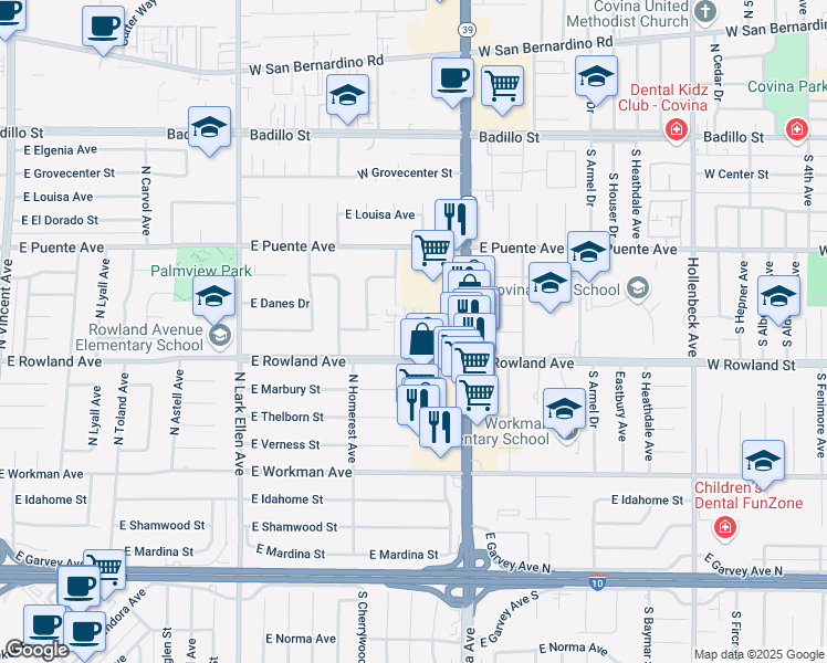 map of restaurants, bars, coffee shops, grocery stores, and more near 509 Tamarind Way in West Covina
