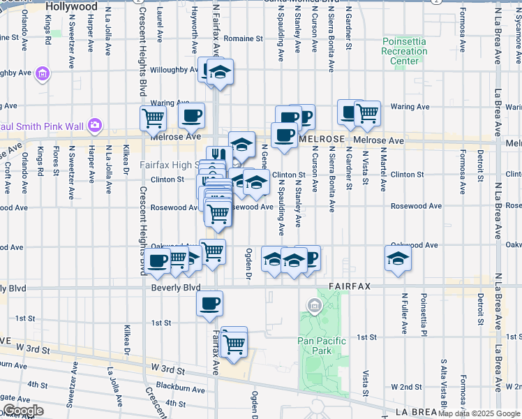 map of restaurants, bars, coffee shops, grocery stores, and more near 7756 Rosewood Avenue in Los Angeles