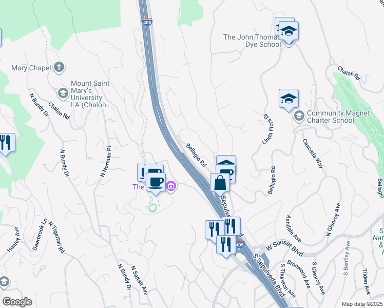 map of restaurants, bars, coffee shops, grocery stores, and more near 11790 Bellagio Road in Los Angeles