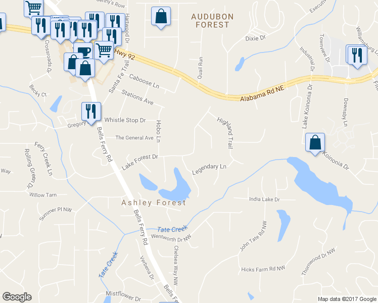 map of restaurants, bars, coffee shops, grocery stores, and more near 228 Lake Forest Drive in Acworth