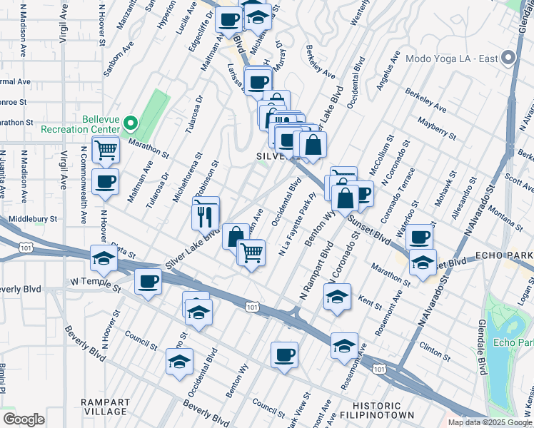 map of restaurants, bars, coffee shops, grocery stores, and more near 2916 Marathon Street in Los Angeles