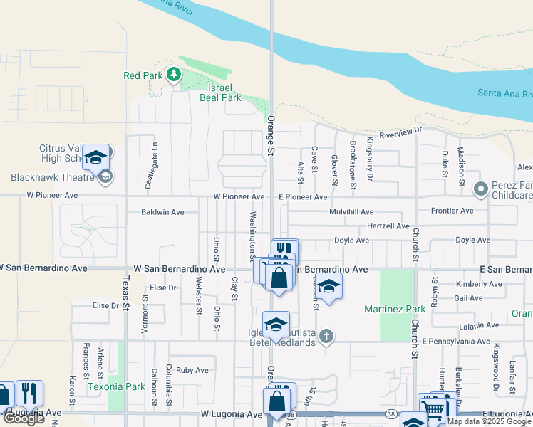 map of restaurants, bars, coffee shops, grocery stores, and more near 1722 Washington Street in Redlands