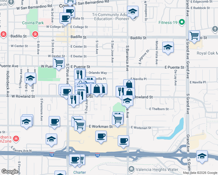 map of restaurants, bars, coffee shops, grocery stores, and more near 530 Stewart Drive in Covina