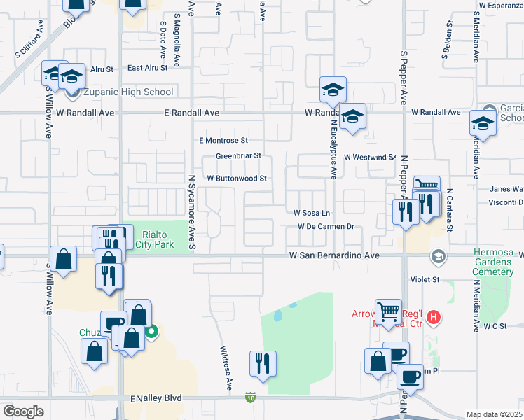 map of restaurants, bars, coffee shops, grocery stores, and more near 1996 West Date Tree Road in Colton