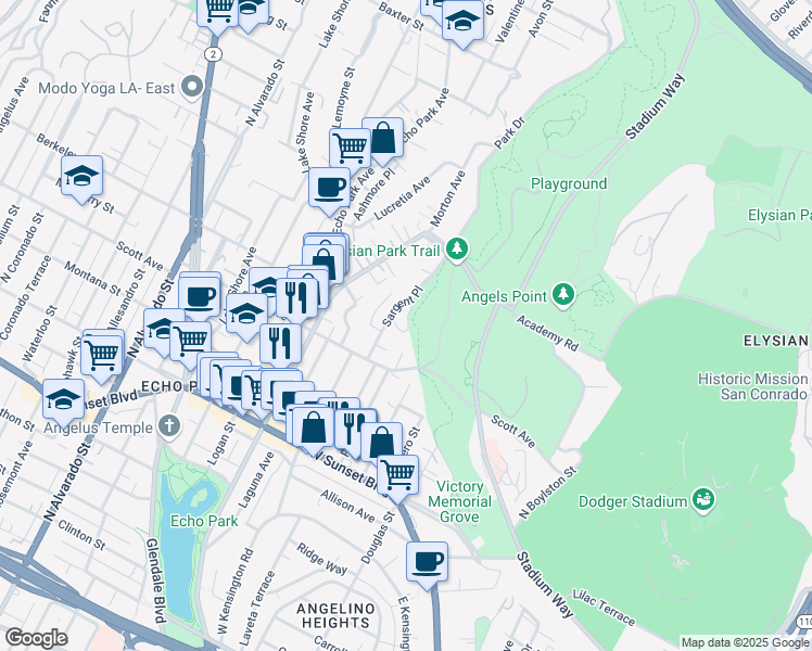 map of restaurants, bars, coffee shops, grocery stores, and more near 1655 Sargent Court in Los Angeles
