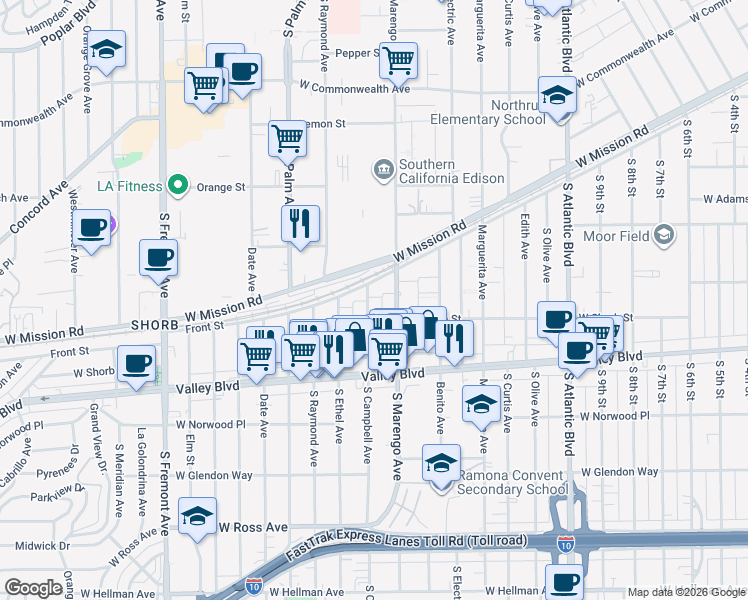 map of restaurants, bars, coffee shops, grocery stores, and more near 1100 South Campbell Avenue in Alhambra