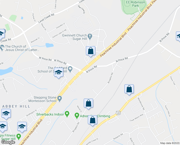 map of restaurants, bars, coffee shops, grocery stores, and more near 249 North Price Road in Sugar Hill