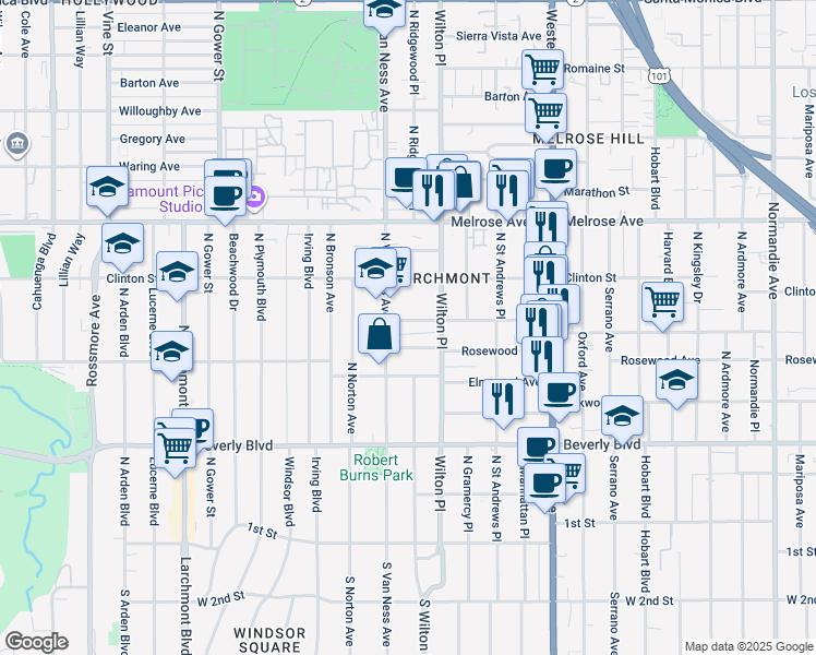 map of restaurants, bars, coffee shops, grocery stores, and more near 5132 West Maplewood Avenue in Los Angeles