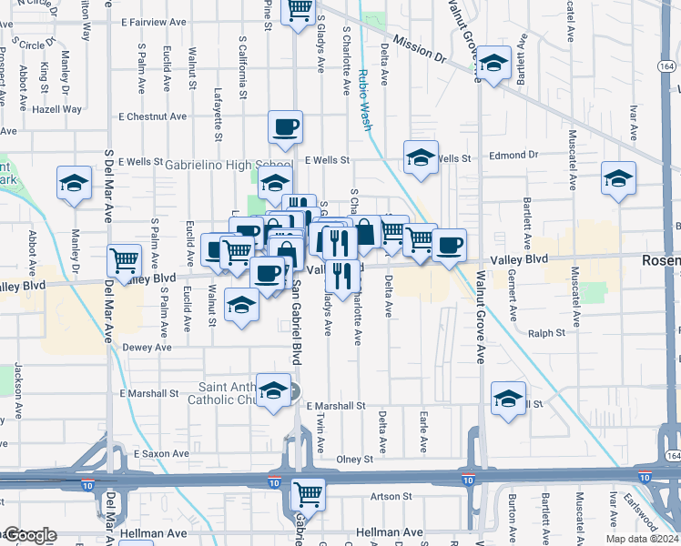 map of restaurants, bars, coffee shops, grocery stores, and more near 1602 South Gladys Avenue in San Gabriel