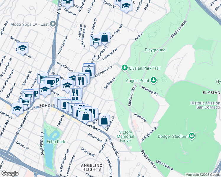 map of restaurants, bars, coffee shops, grocery stores, and more near 1655 Sargent Court in Los Angeles