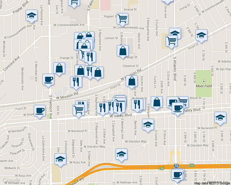 map of restaurants, bars, coffee shops, grocery stores, and more near 1100 South Campbell Avenue in Alhambra