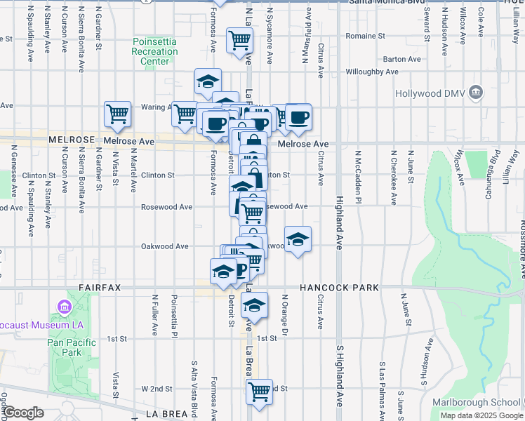 map of restaurants, bars, coffee shops, grocery stores, and more near 455 North Sycamore Avenue in Los Angeles