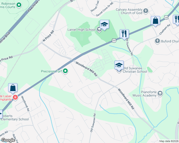 map of restaurants, bars, coffee shops, grocery stores, and more near 4225 Woodward Mill Road in Buford