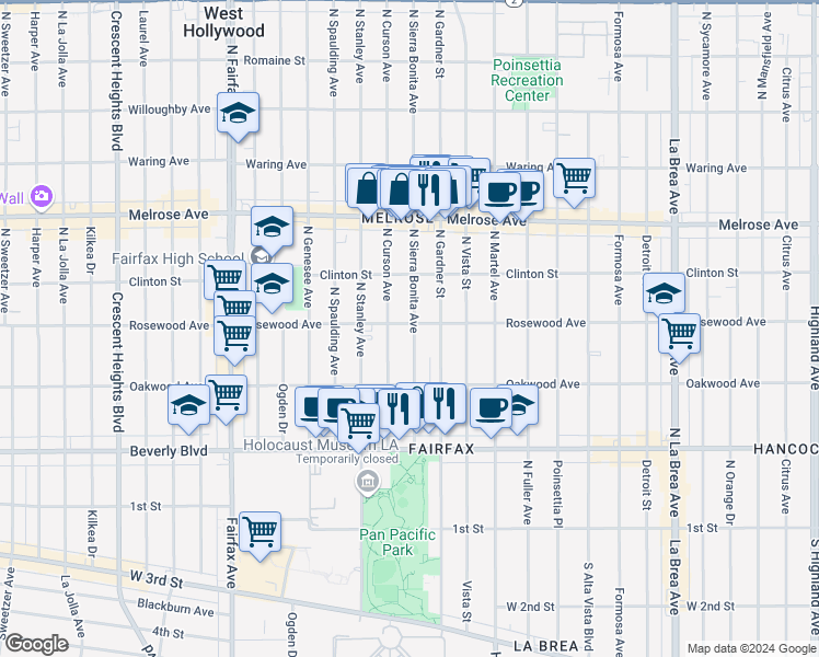 map of restaurants, bars, coffee shops, grocery stores, and more near 465 North Sierra Bonita Avenue in Los Angeles