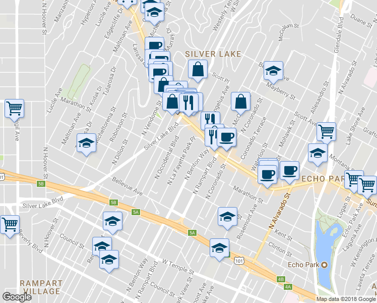 map of restaurants, bars, coffee shops, grocery stores, and more near 824 North La Fayette Park Place in Los Angeles