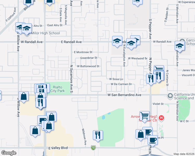 map of restaurants, bars, coffee shops, grocery stores, and more near 1996 West Date Tree Road in Colton