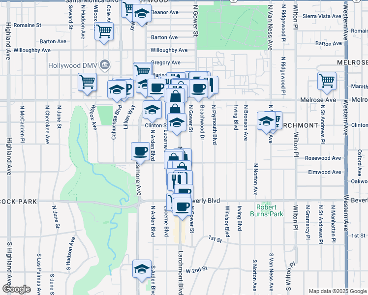 map of restaurants, bars, coffee shops, grocery stores, and more near 531 North Gower Street in Los Angeles
