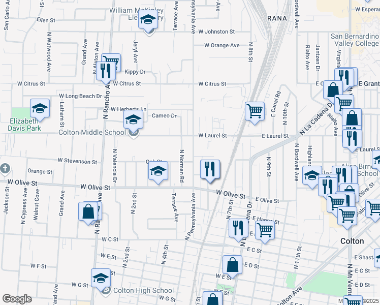 map of restaurants, bars, coffee shops, grocery stores, and more near 1235 Pennsylvania Avenue in Colton