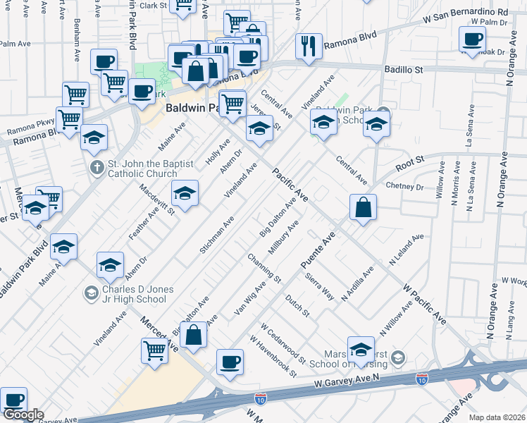 map of restaurants, bars, coffee shops, grocery stores, and more near 14714 Clydewood St in Baldwin Park