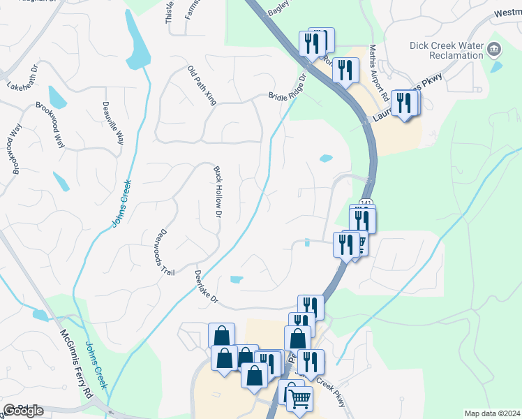 map of restaurants, bars, coffee shops, grocery stores, and more near 3840 Bridle Creek Drive in Suwanee