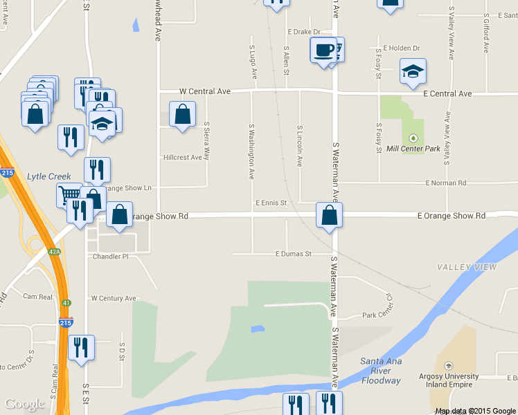 map of restaurants, bars, coffee shops, grocery stores, and more near 155 East Ennis Street in San Bernardino