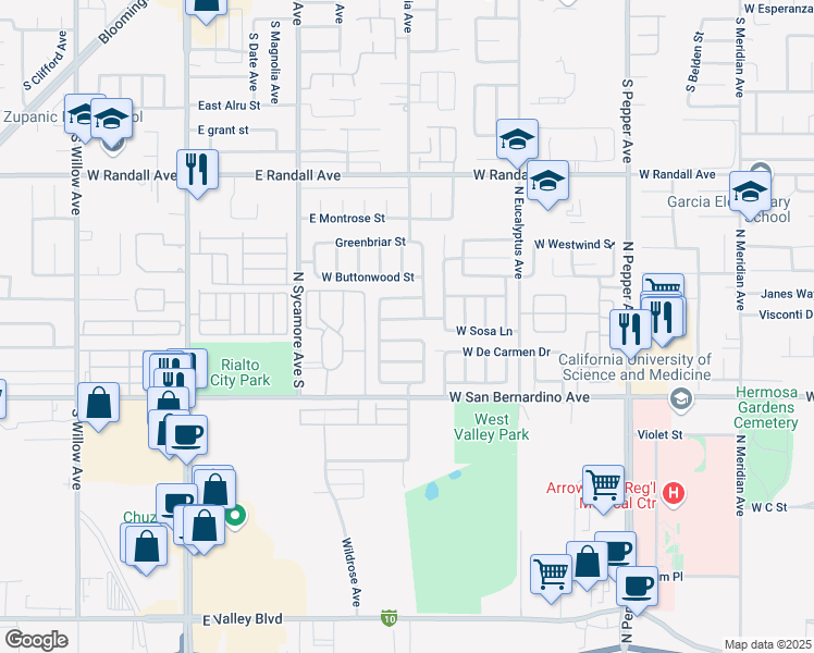 map of restaurants, bars, coffee shops, grocery stores, and more near 1996 West Date Tree Road in Colton