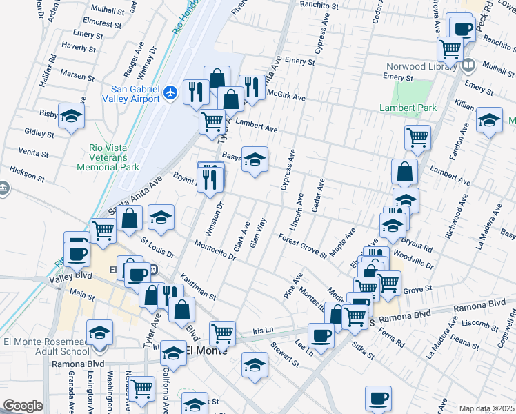 map of restaurants, bars, coffee shops, grocery stores, and more near 4018 Clark Avenue in El Monte