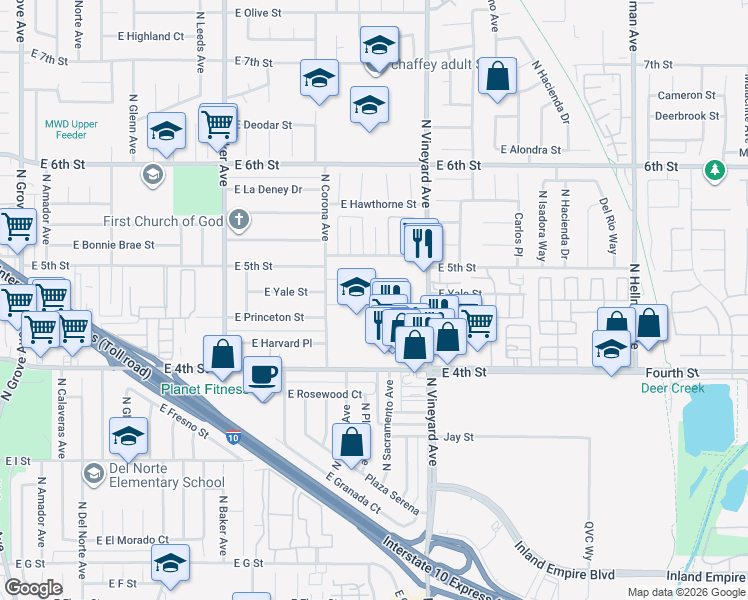map of restaurants, bars, coffee shops, grocery stores, and more near 1821 East Princeton Street in Ontario