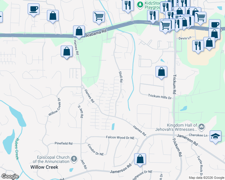 map of restaurants, bars, coffee shops, grocery stores, and more near 671 West Oaks Drive in Woodstock