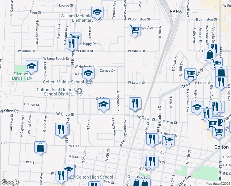 map of restaurants, bars, coffee shops, grocery stores, and more near 1225 North Norman Road in Colton