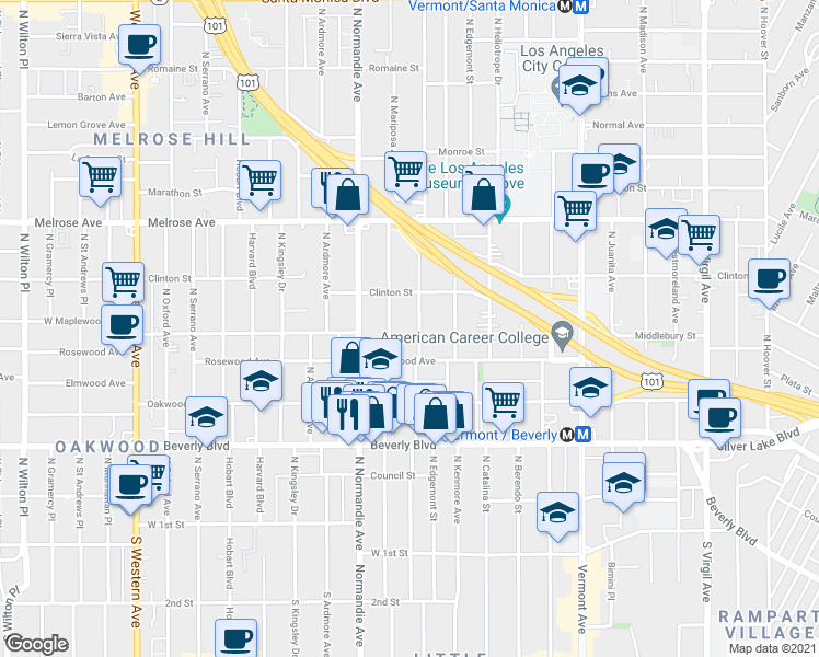 map of restaurants, bars, coffee shops, grocery stores, and more near 535 North Alexandria Avenue in Los Angeles