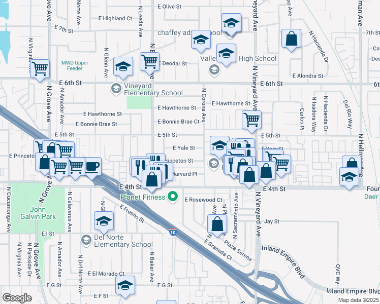 map of restaurants, bars, coffee shops, grocery stores, and more near 1706 East Yale Street in Ontario