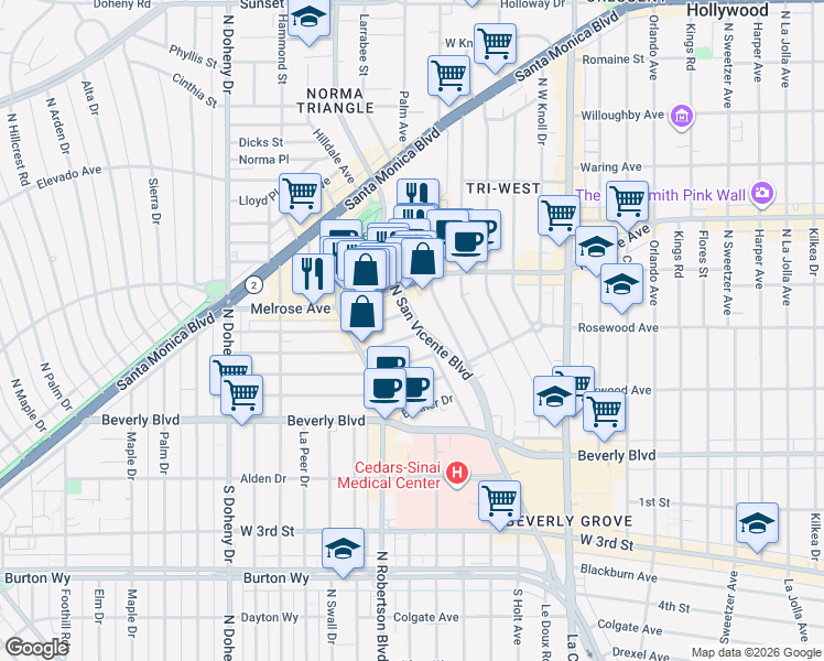 map of restaurants, bars, coffee shops, grocery stores, and more near 503 North San Vicente Boulevard in West Hollywood
