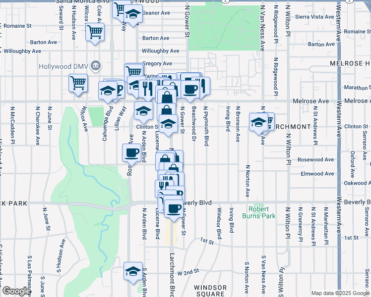 map of restaurants, bars, coffee shops, grocery stores, and more near 536 North Gower Street in Los Angeles