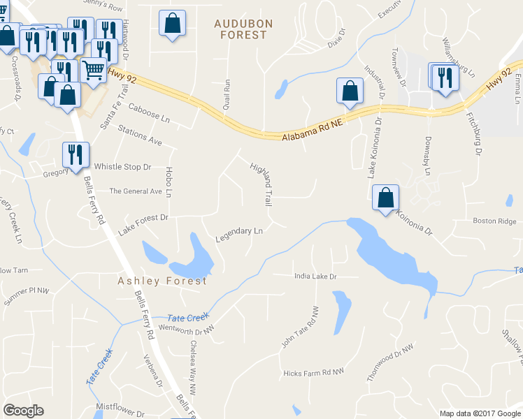 map of restaurants, bars, coffee shops, grocery stores, and more near 5161 Highland Trail in Acworth