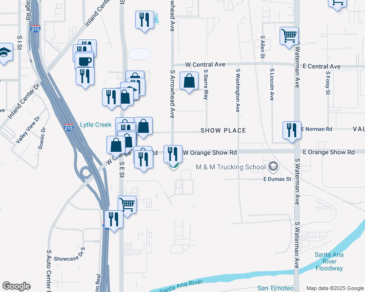 map of restaurants, bars, coffee shops, grocery stores, and more near 290 West Orange Show Road in San Bernardino