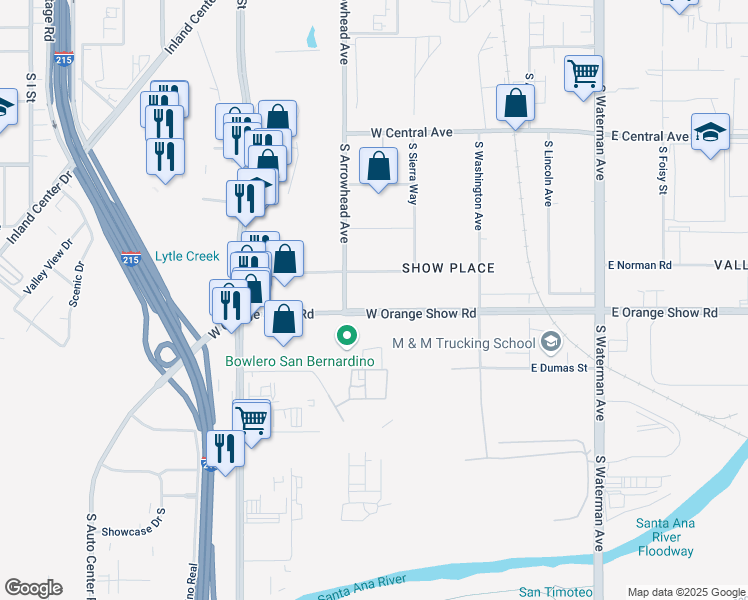 map of restaurants, bars, coffee shops, grocery stores, and more near 290 West Orange Show Road in San Bernardino