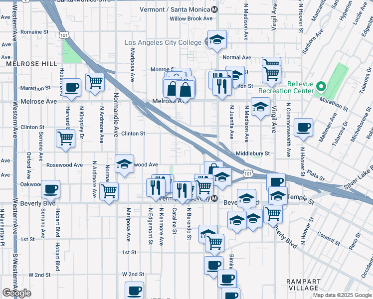 map of restaurants, bars, coffee shops, grocery stores, and more near 533 North Berendo Street in Los Angeles