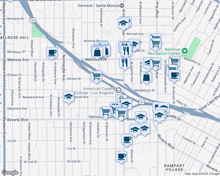 map of restaurants, bars, coffee shops, grocery stores, and more near 517 North New Hampshire Avenue in Los Angeles