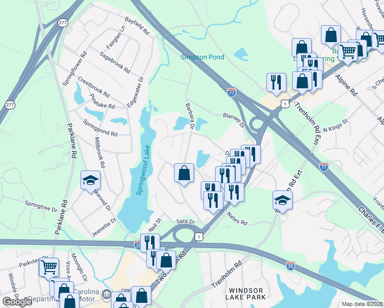 map of restaurants, bars, coffee shops, grocery stores, and more near 1712 Barbara Drive in Columbia