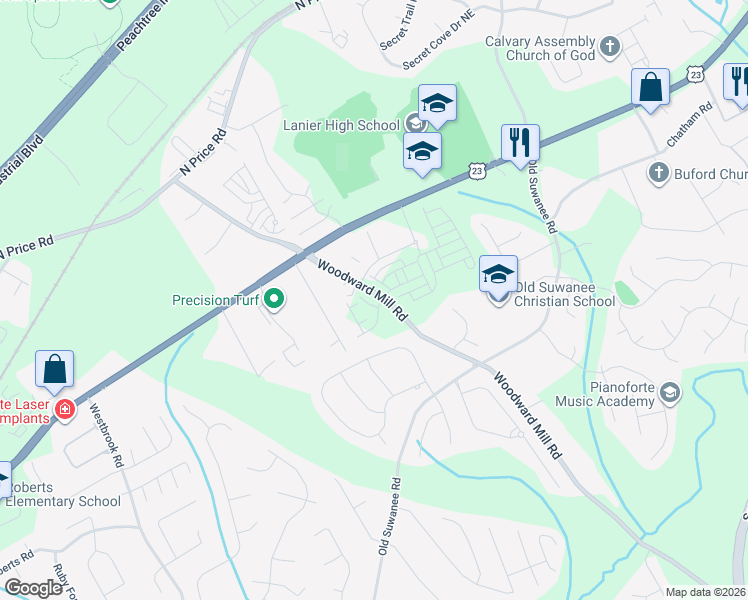 map of restaurants, bars, coffee shops, grocery stores, and more near 4225 Woodward Mill Road in Buford