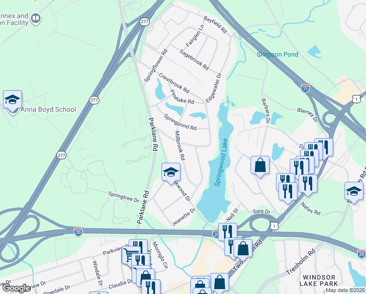map of restaurants, bars, coffee shops, grocery stores, and more near 7550 Millbrook Road in Columbia