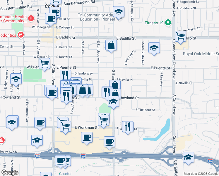 map of restaurants, bars, coffee shops, grocery stores, and more near 535 South Barranca Avenue in Covina