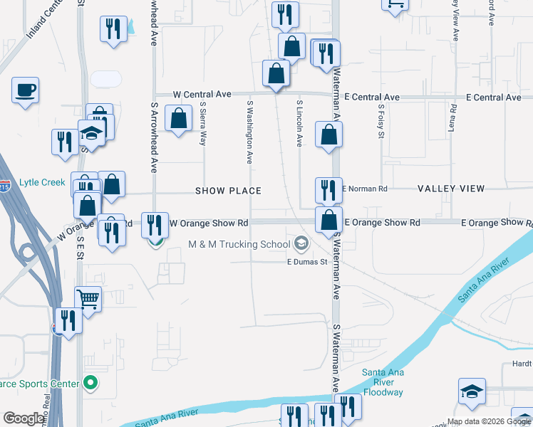 map of restaurants, bars, coffee shops, grocery stores, and more near 155 East Ennis Street in San Bernardino
