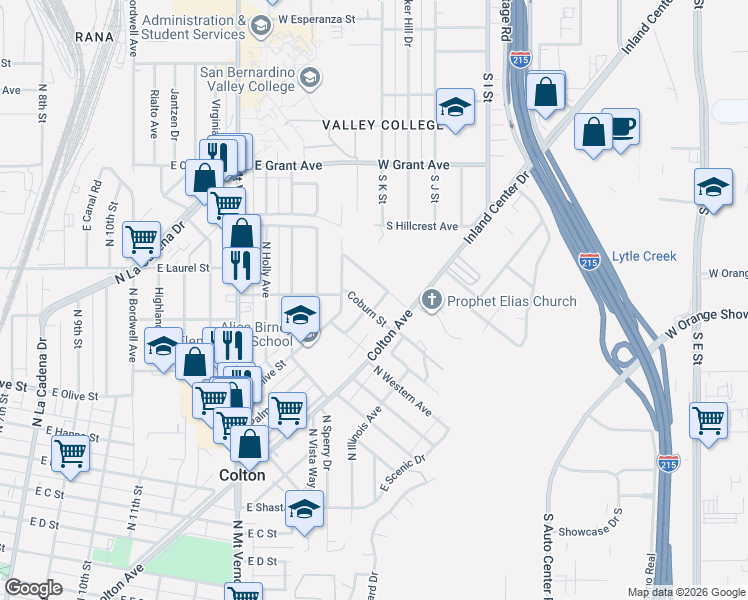 map of restaurants, bars, coffee shops, grocery stores, and more near 1460 North Wildwood Street in Colton