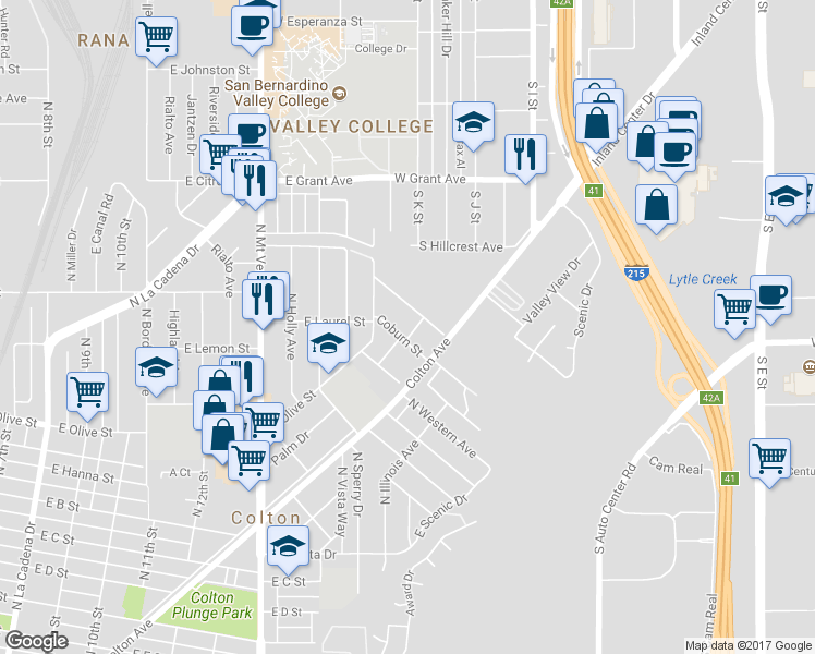 map of restaurants, bars, coffee shops, grocery stores, and more near 1460 North Wildwood Street in Colton