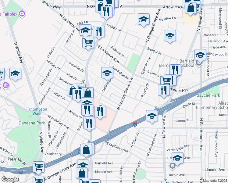 map of restaurants, bars, coffee shops, grocery stores, and more near 237 San Juan Street in Pomona