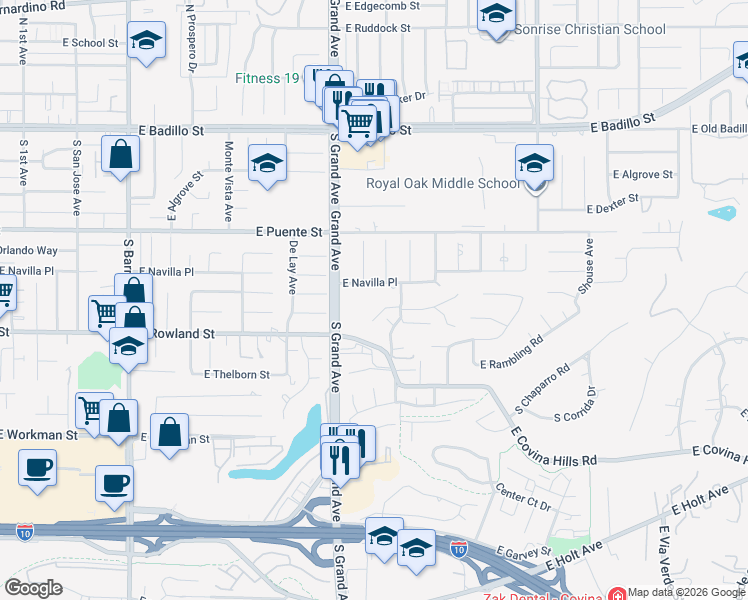 map of restaurants, bars, coffee shops, grocery stores, and more near 941 East Covina Hills Road in Covina