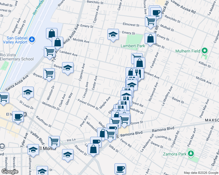 map of restaurants, bars, coffee shops, grocery stores, and more near 11437 Kerrwood Street in El Monte