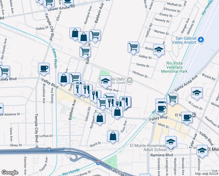map of restaurants, bars, coffee shops, grocery stores, and more near 4020 Gibson Road in El Monte